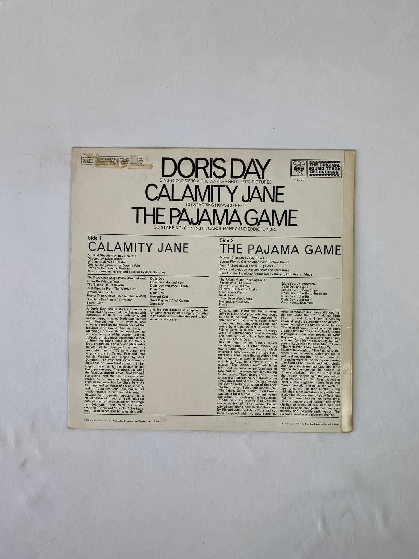 Vinyl Record - Calamity Jane & The Pajama Game Movie Soundtrack - Doris Day