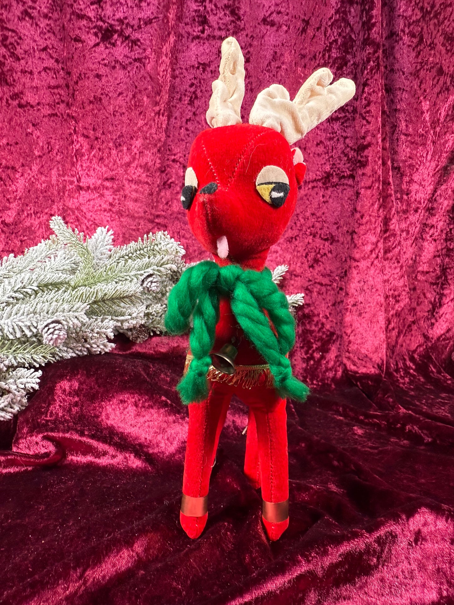Vintage Christmas - Stuffed Doll - Red Velveteen Reindeer - Japan