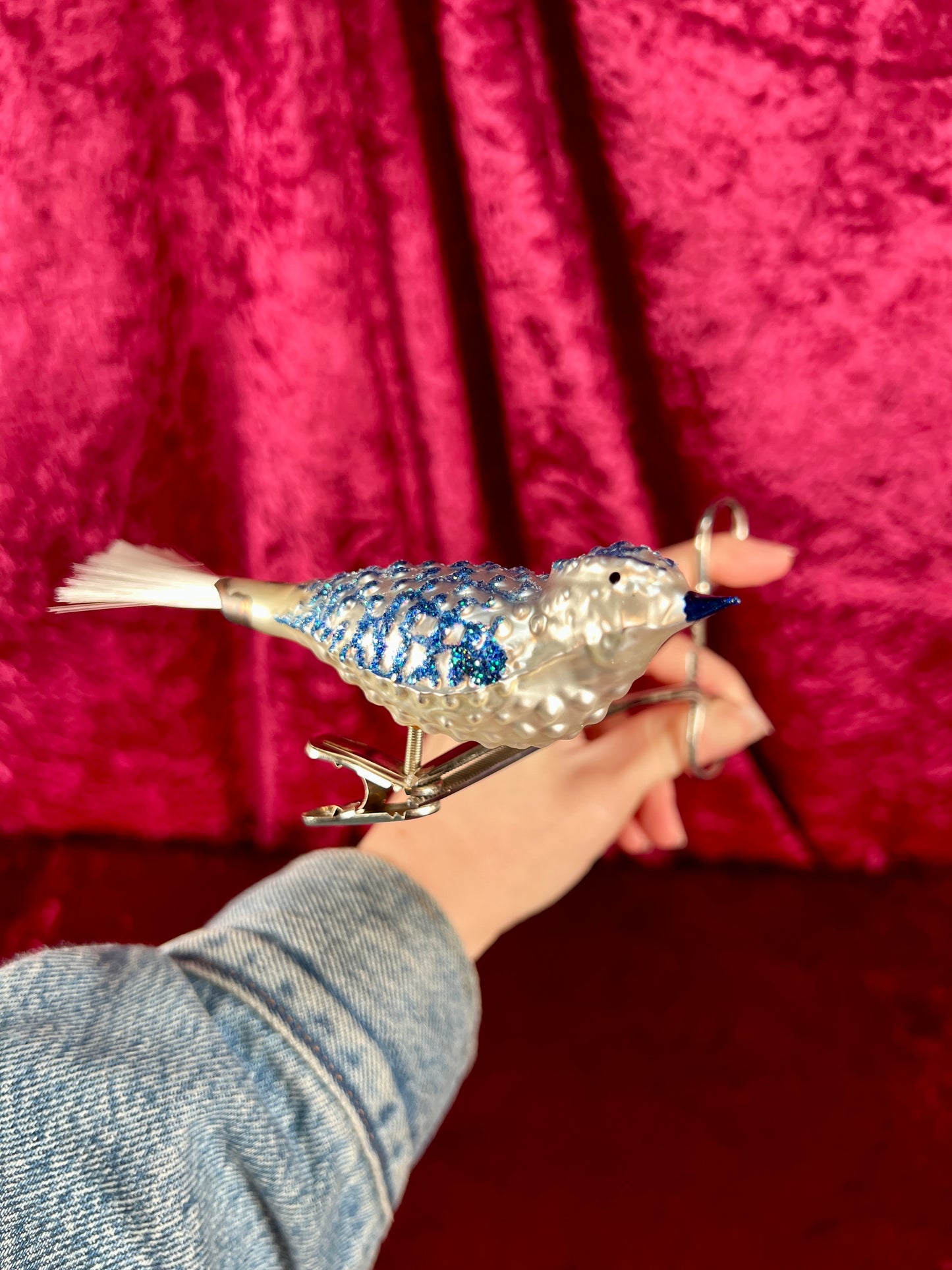 Vintage Christmas - Handblown Glass Clip On Ornament - Blue Bird with Nylon Hair Tail