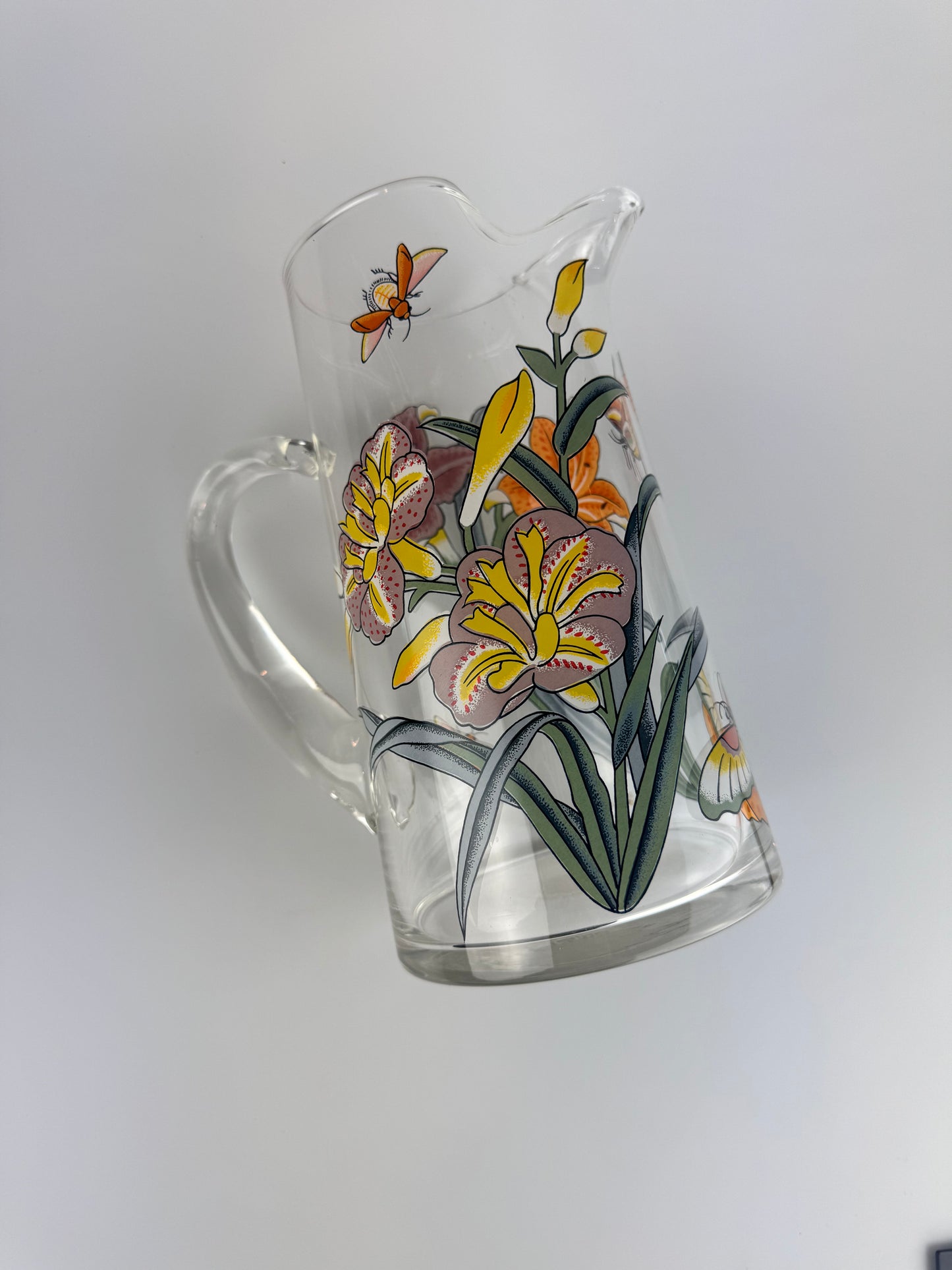 Vintage Clear Juice Pitcher with Lillies and Butterflies - 9" Tall Carafe