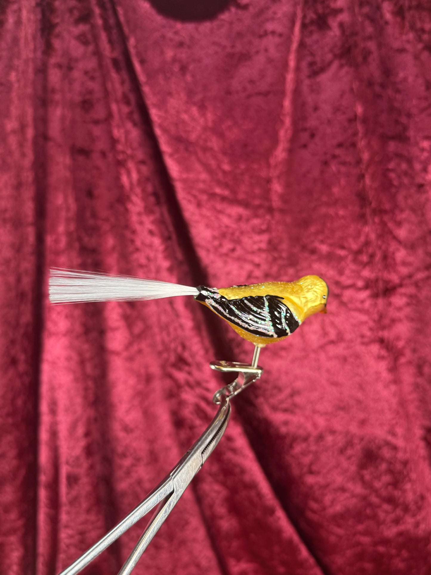 Vintage Christmas - Handblown Glass Clip On Ornament - Yellow Chickadee with Nylon Hair Tail