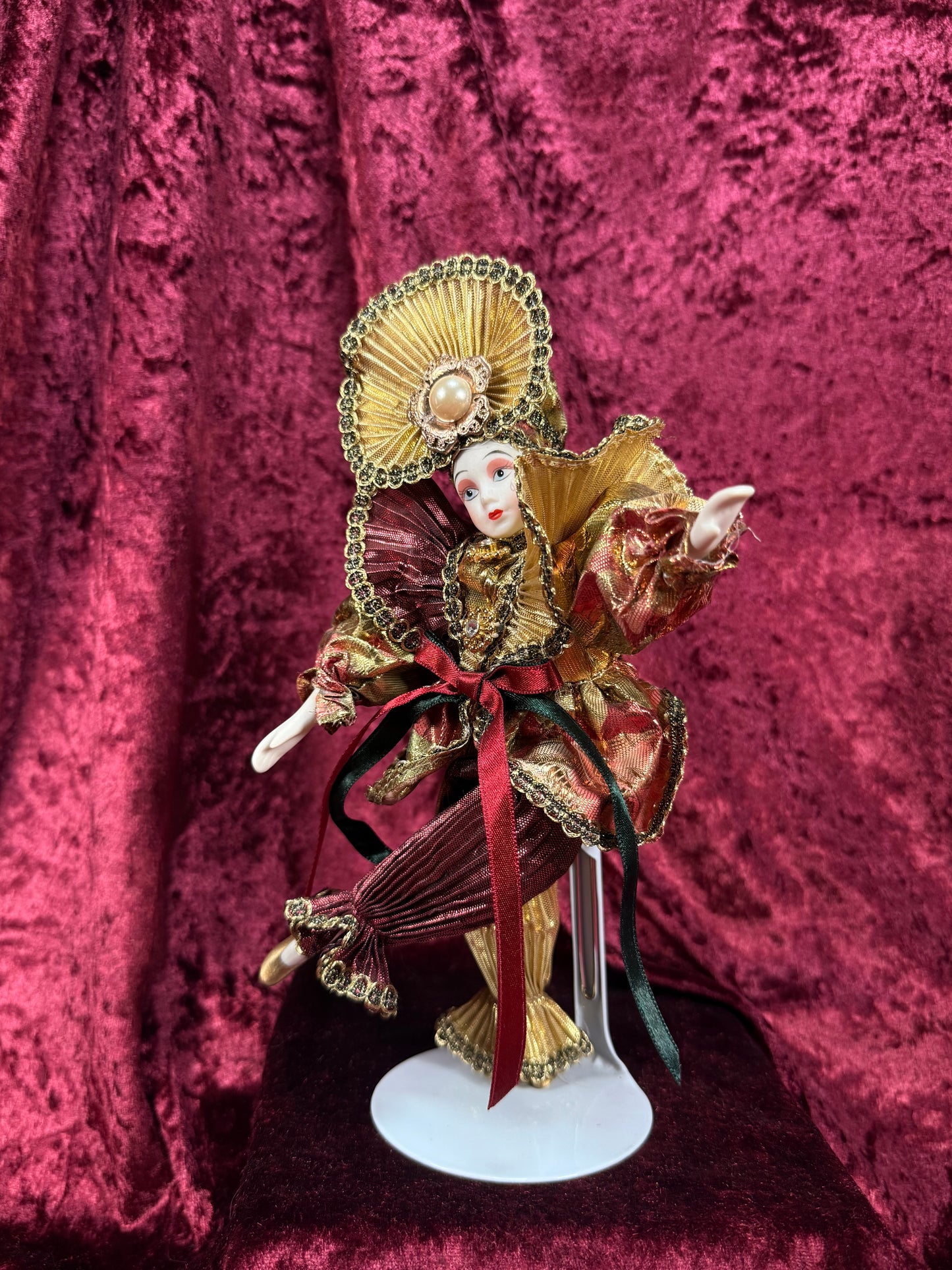 Vintage Porcelain Jester Doll – Metallic Pleated Costume Renaissance Figure - Red and Gold