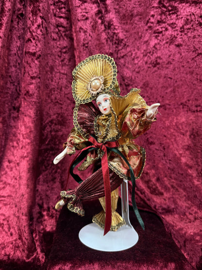 Vintage Porcelain Jester Doll – Metallic Pleated Costume Renaissance Figure - Red and Gold