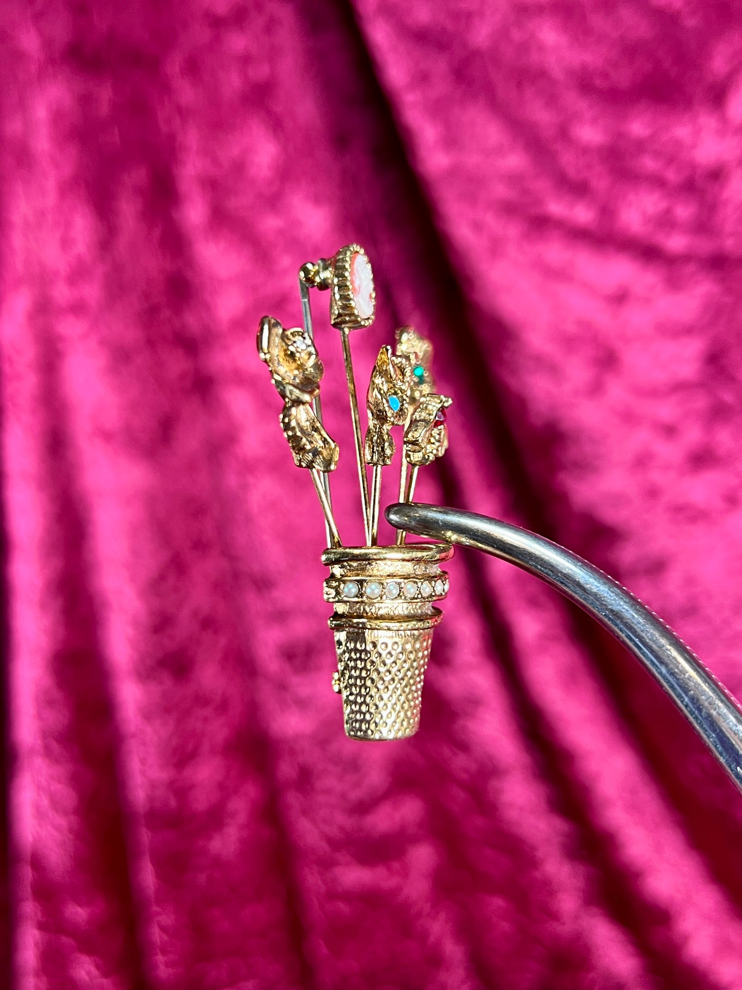 Vintage Jewelry - Brooch - Gold Tone - Overturned Thimble with Hat Pins