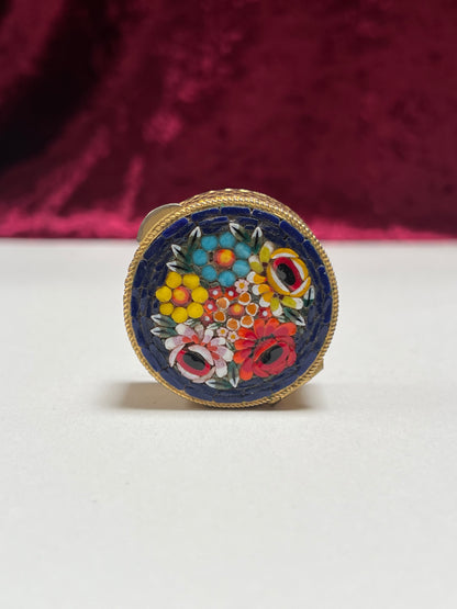 Vintage Trinket Box - Round Pill / Snuff Box - Italian Micro Mosaic - Dark Blue Floral - Basket Weave Design