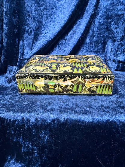 Vintage Papier-Mâché Trinket Box - Hand-Painted Kashmiri Woodland Animals