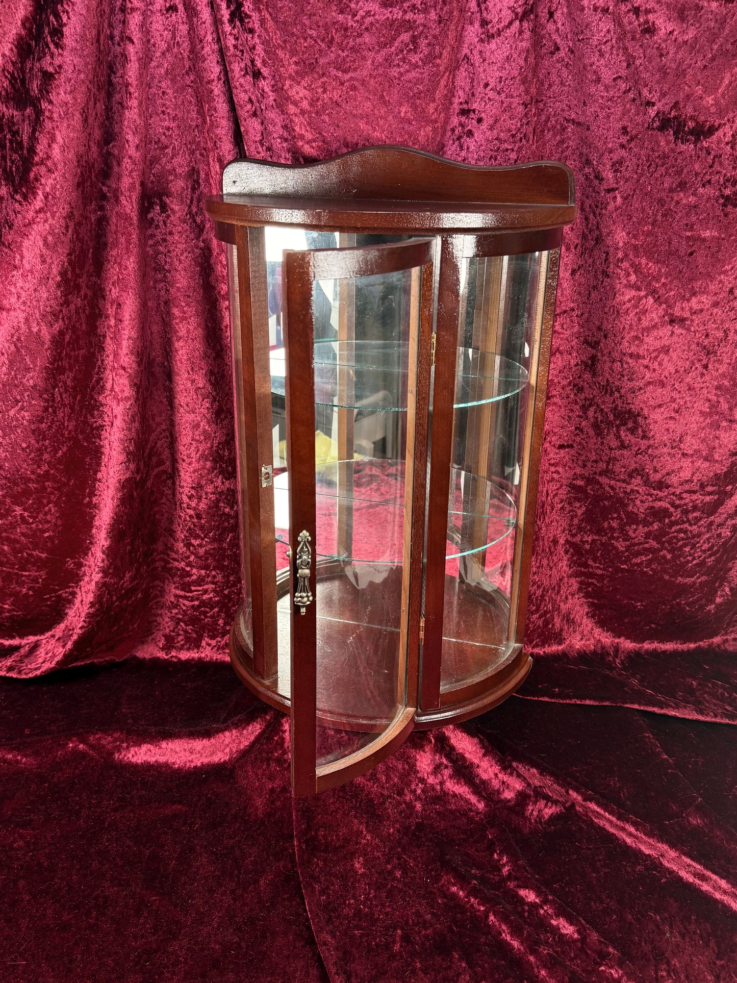 Vintage Curio Cabinet - Table Top Wood Curved Glass Cabinet - Mirrored Back - Glass Shelves - 20" Tall