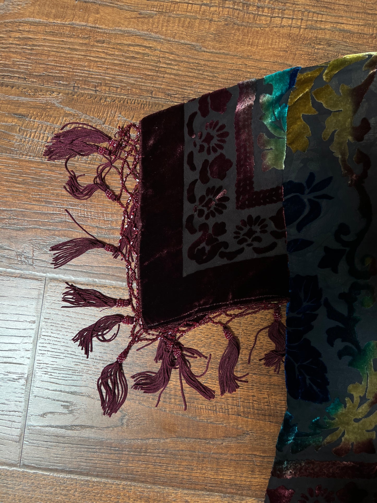 Vintage Velvet Burnout Shawl - Jewel Tone Floral Beaded Fringe Wrap - Size Small