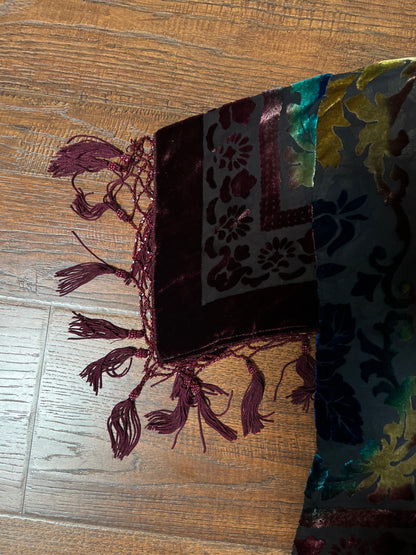 Vintage Velvet Burnout Shawl - Jewel Tone Floral Beaded Fringe Wrap - Size Small