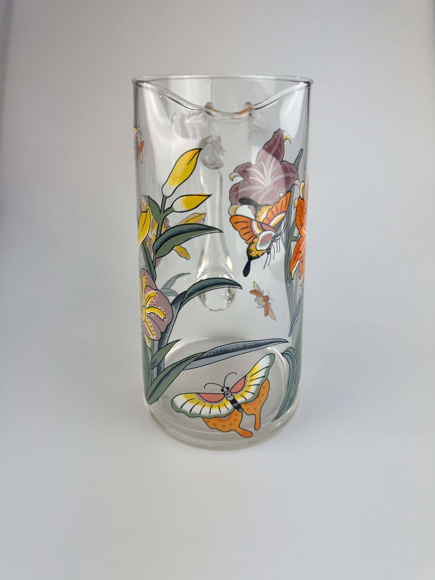 Vintage Clear Juice Pitcher with Lillies and Butterflies - 9" Tall Carafe