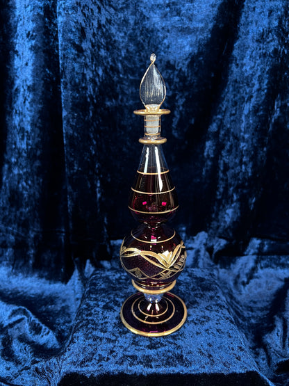 Vintage Ruby Red and Gold Glass Perfume Bottle - Egyptian Decanter with Stopper