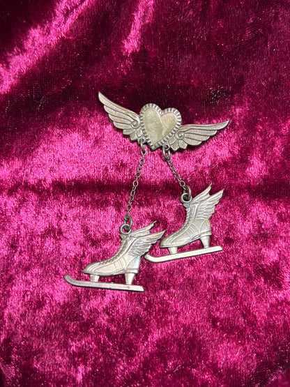 Vintage Jewelry - Brooch / Pin - Brass - Dangling Ice Skates On a Winged Heart