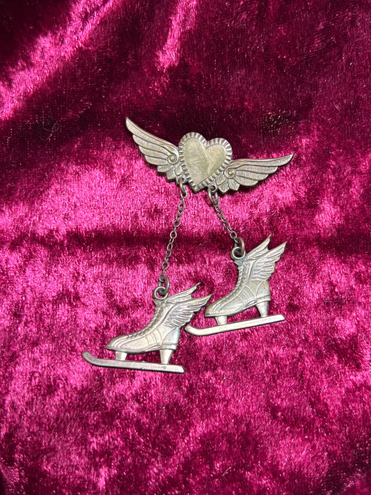 Vintage Jewelry - Brooch / Pin - Brass - Dangling Ice Skates On a Winged Heart