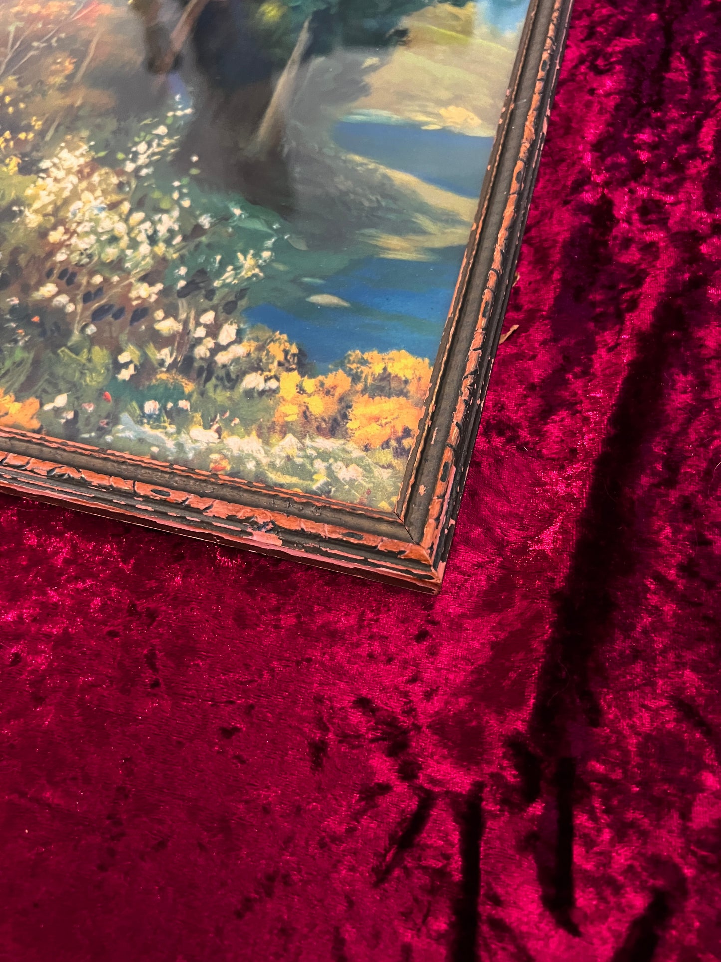 Vintage Framed Landscape Print - Woodland Lakeside Impressionist Scene
