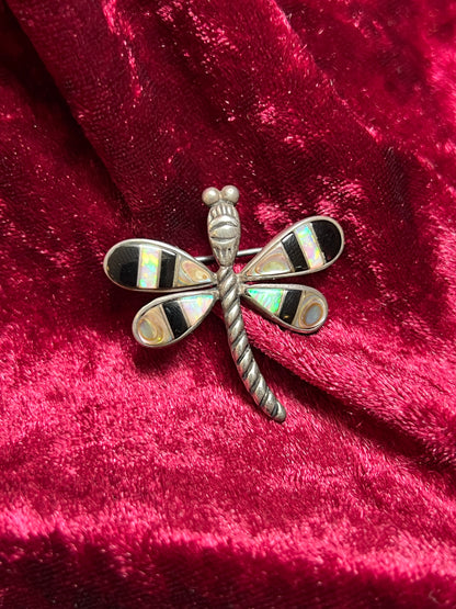 Vintage Jewelry - Brooch / Pendant - Silver Tone Metal with Inlay - Dragonfly