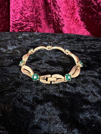 Vintage Gold Tone Trifari Bracelet - Green Rhinestone Floral Link Design
