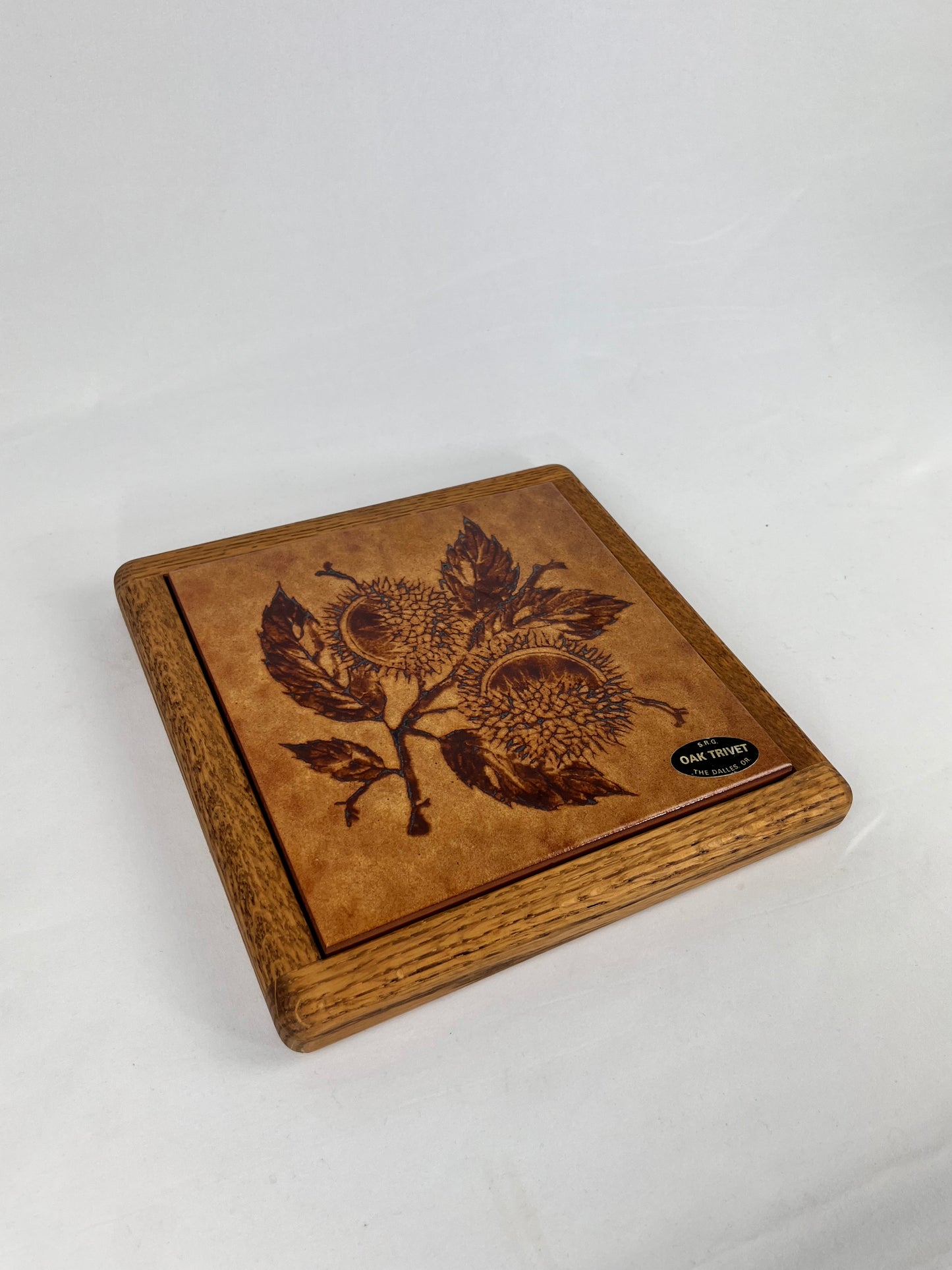 Vintage Terra Cotta Glazed Ceramic Tile Trivet| Oak Wood Frame | Sunflowers