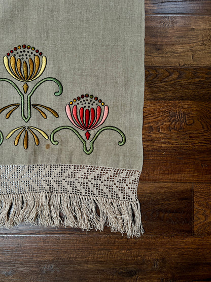 Vintage Linen Table Runner - Hand Embroidered Art Deco Florals Crochet Lace Fringe