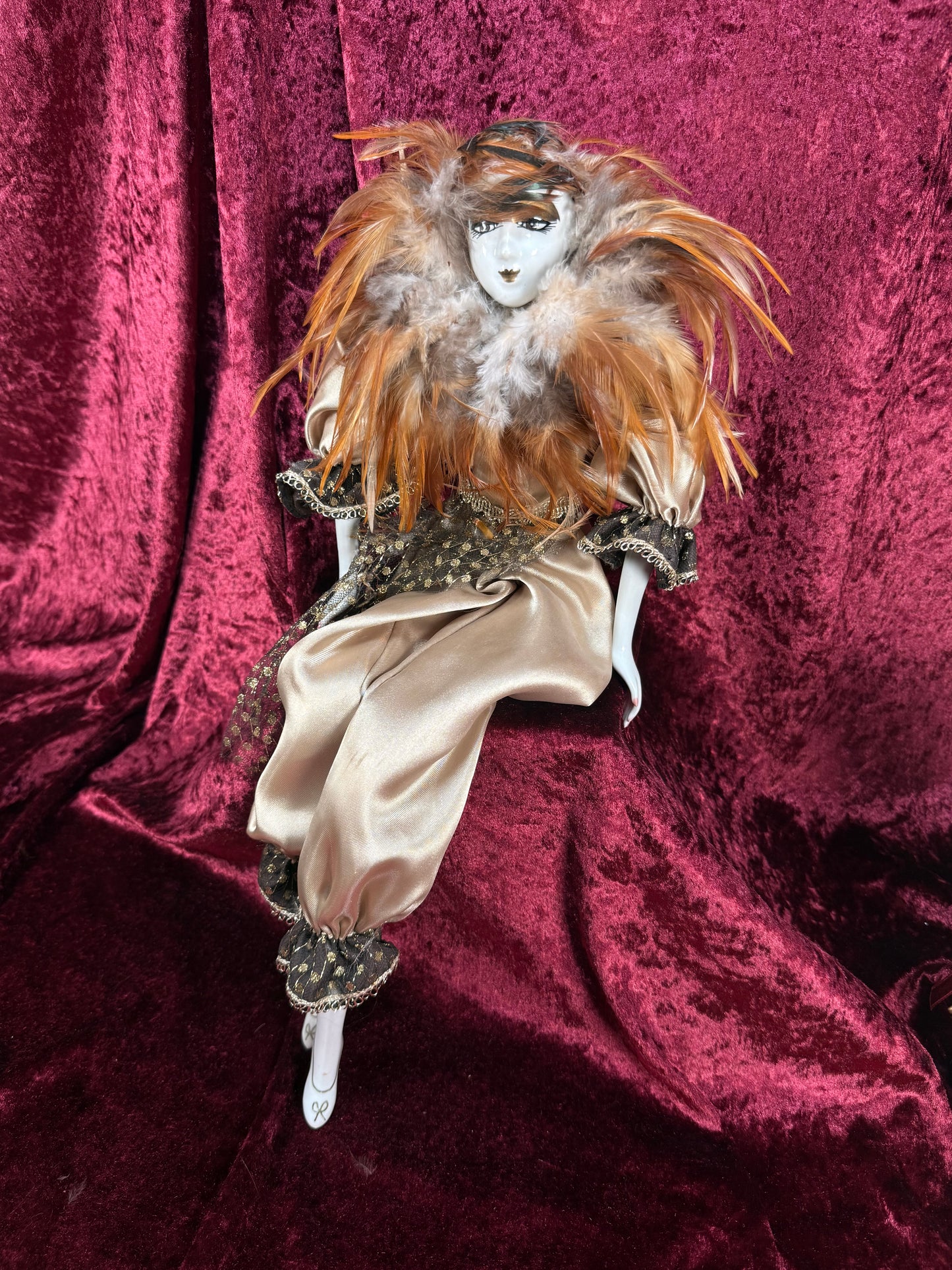 Vintage Porcelain Pierrot Doll – Feathered Collar Seated Harlequin Figure