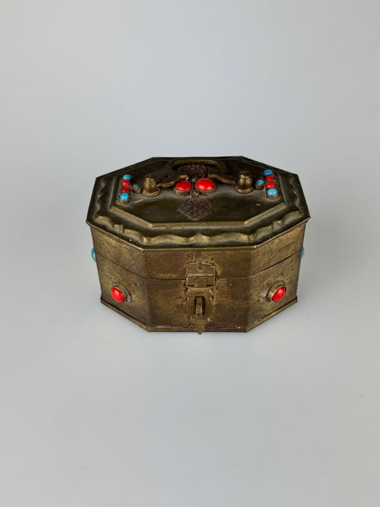 Vintage Hinged Brass Jeweled Trinket Box w/ Handle - Lockable