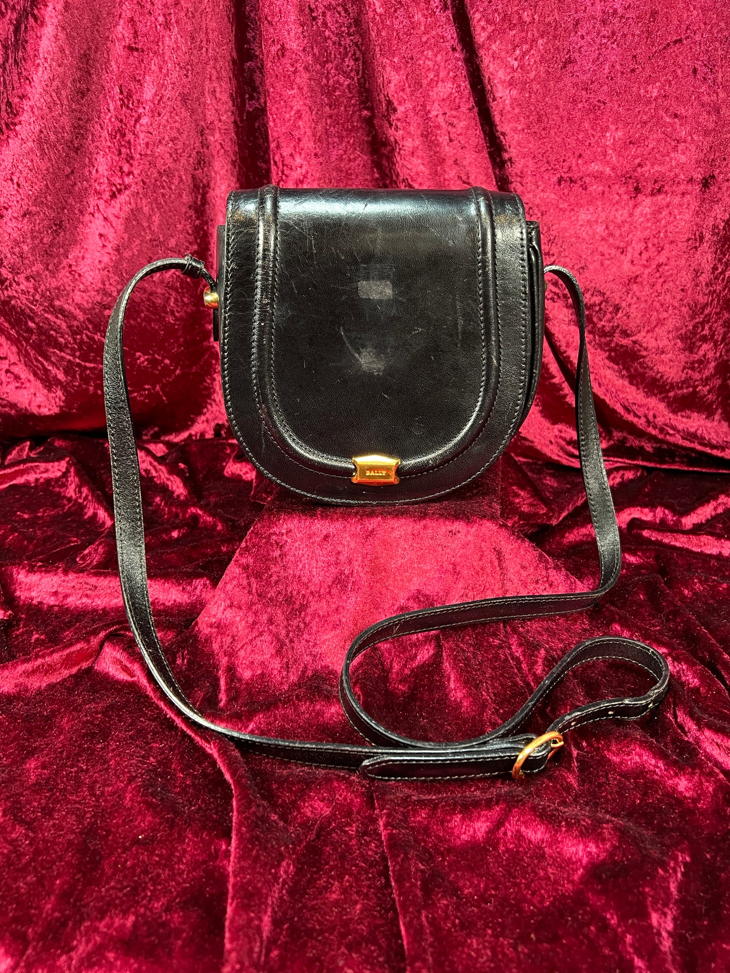 Vintage Black Leather Crossbody Bag - Bally Italy Saddle Purse