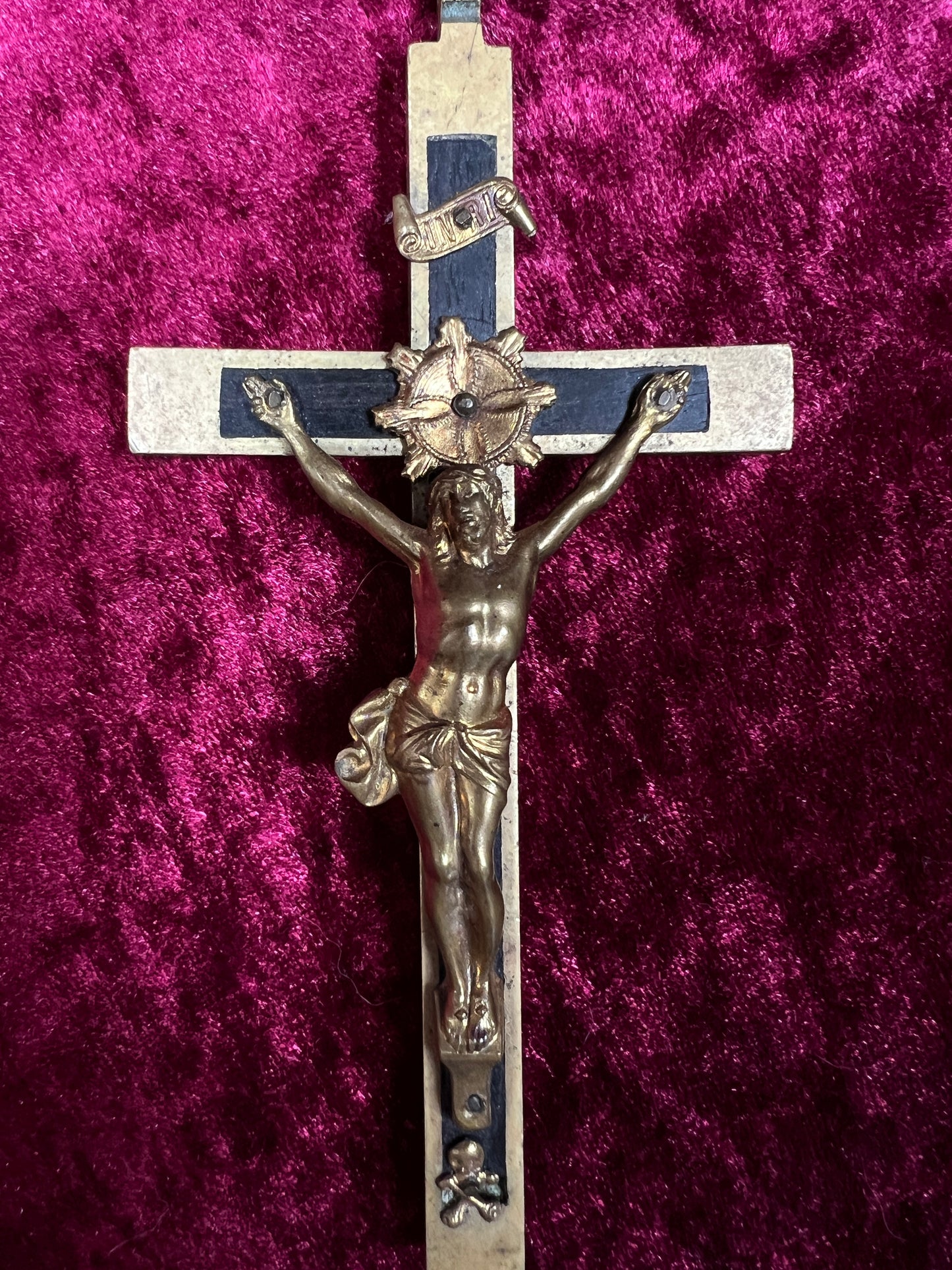 Vintage Brass Crucifix Cross - Ebony Inlay Skull and Crossbones Wall Hanging