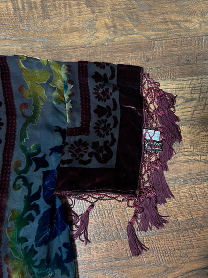 Vintage Velvet Burnout Shawl - Jewel Tone Floral Beaded Fringe Wrap - Size Small