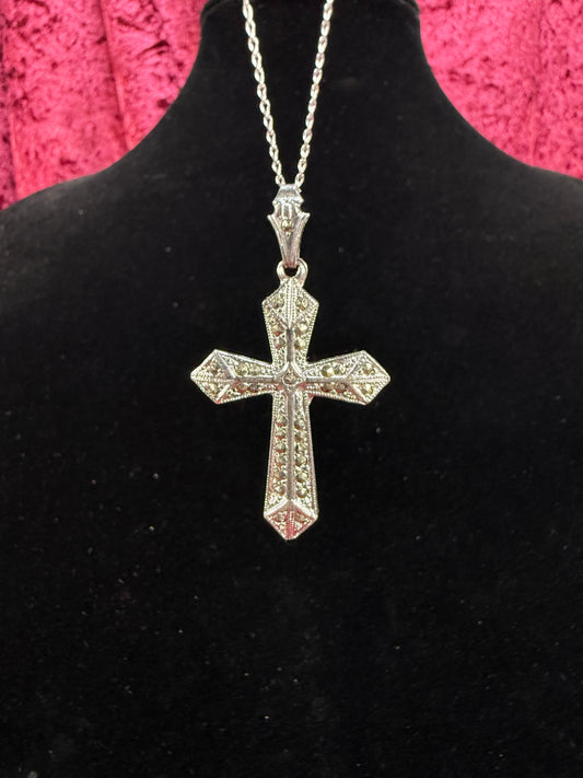 Vintage Jewelry - Dainty Sterling Silver Cross Necklace with Marcasite Inlay
