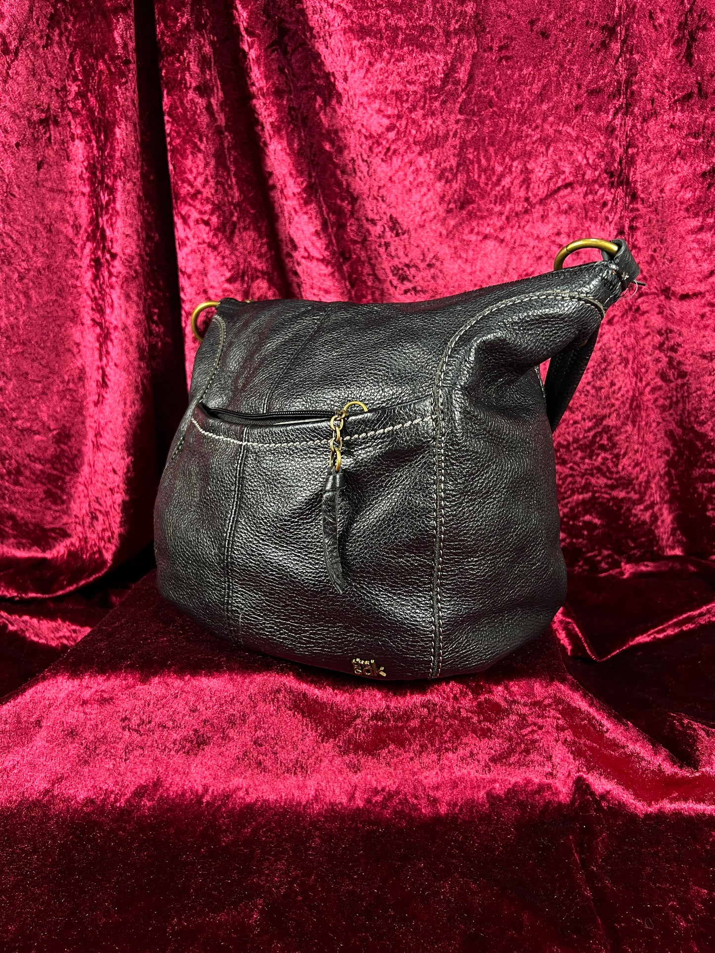 Vintage Leather Hobo Shoulder Bag - Black Pebbled Everyday Slouch Purse - The Sak
