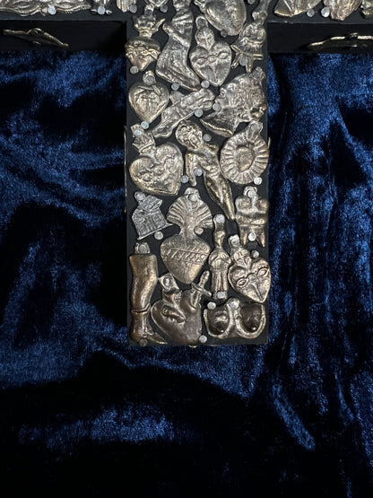 Vintage Wall Hanging Crucifix Cross – Milagro Silver Sacred Heart Folk Art Collage
