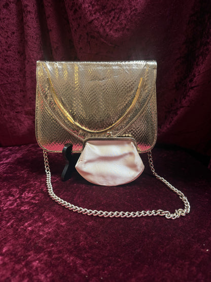 Vintage Accessories - 1980s Gold Metallic Evening Purse with Chain Shoulder Strap - Walborg