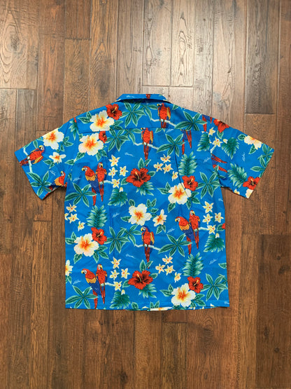 Vintage Clothing - Short Sleeve Button Up - Hawaiian Flowers and Parrots - Blue - Large - Made In Hawaii