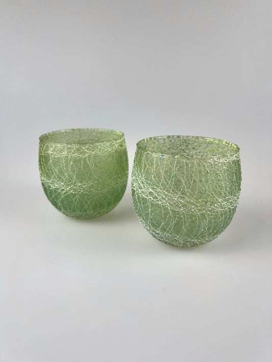 Mid Century Green Rollie Pollie Spaghetti String Glass LowballTumblers | Set of 2