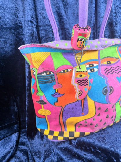 Vintage Canvas Laurel Burch Tote Bag – Kindred Spirits Faces with Purple Handles