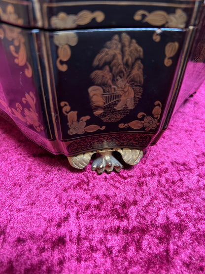 Antique Sewing Kit - Black Lacquer Ladies Work Box - Octagonal 19th Century Asian Chinoiserie
