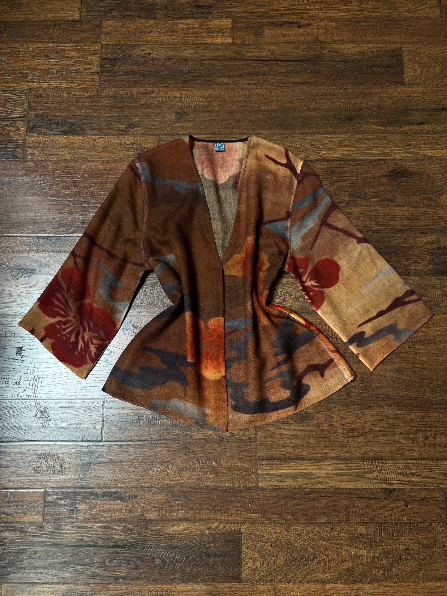 Vintage Tao House Cotton Knit Cardigan – Abstract Floral Print Wide Sleeve – Medium