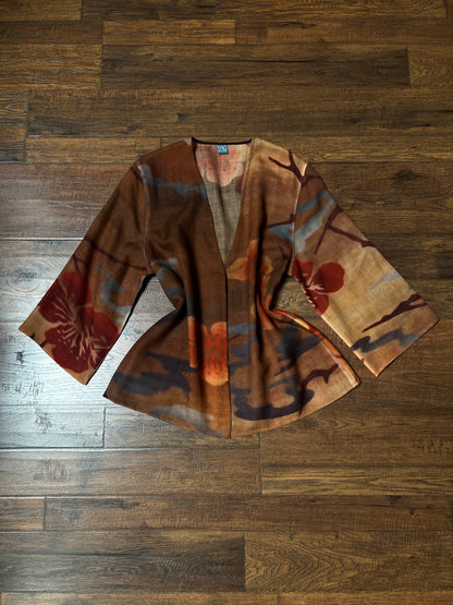 Vintage Tao House Cotton Knit Cardigan – Abstract Floral Print Wide Sleeve – Medium