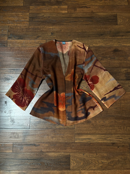 Vintage Tao House Cotton Knit Cardigan – Abstract Floral Print Wide Sleeve – Medium