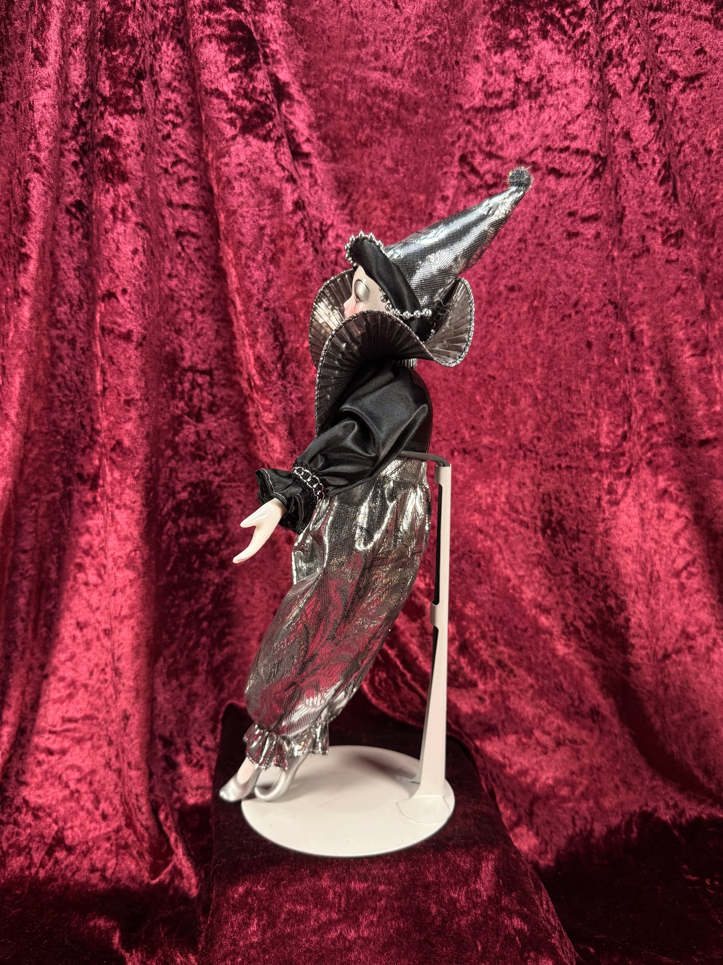 Vintage Silvestri Porcelain Pierrot Doll – Silver Metallic Black Harlequin Figure