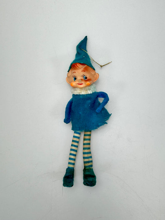 Vintage Knee Hugger Pixie Elf Christmas Ornament in Blue