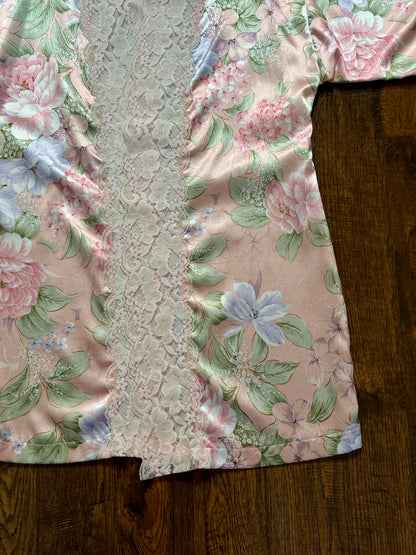 Vintage Silky Nightgown and Robe Lingerie Set - Pink Floral Print Peignoir Ensemble - Val Mode