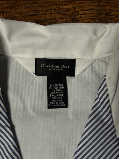 Vintage Christian Dior Monsieur Cotton Blend Pajama Shirt - Blue Pinstripe Top - X-Large