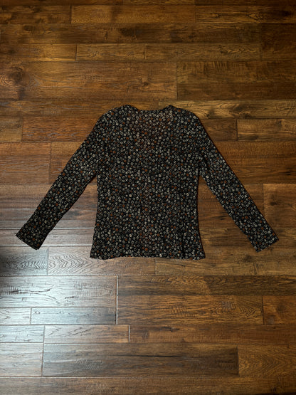 Vintage Sheer Camisole - Black Ditsy Floral Long Sleeve Top - Small