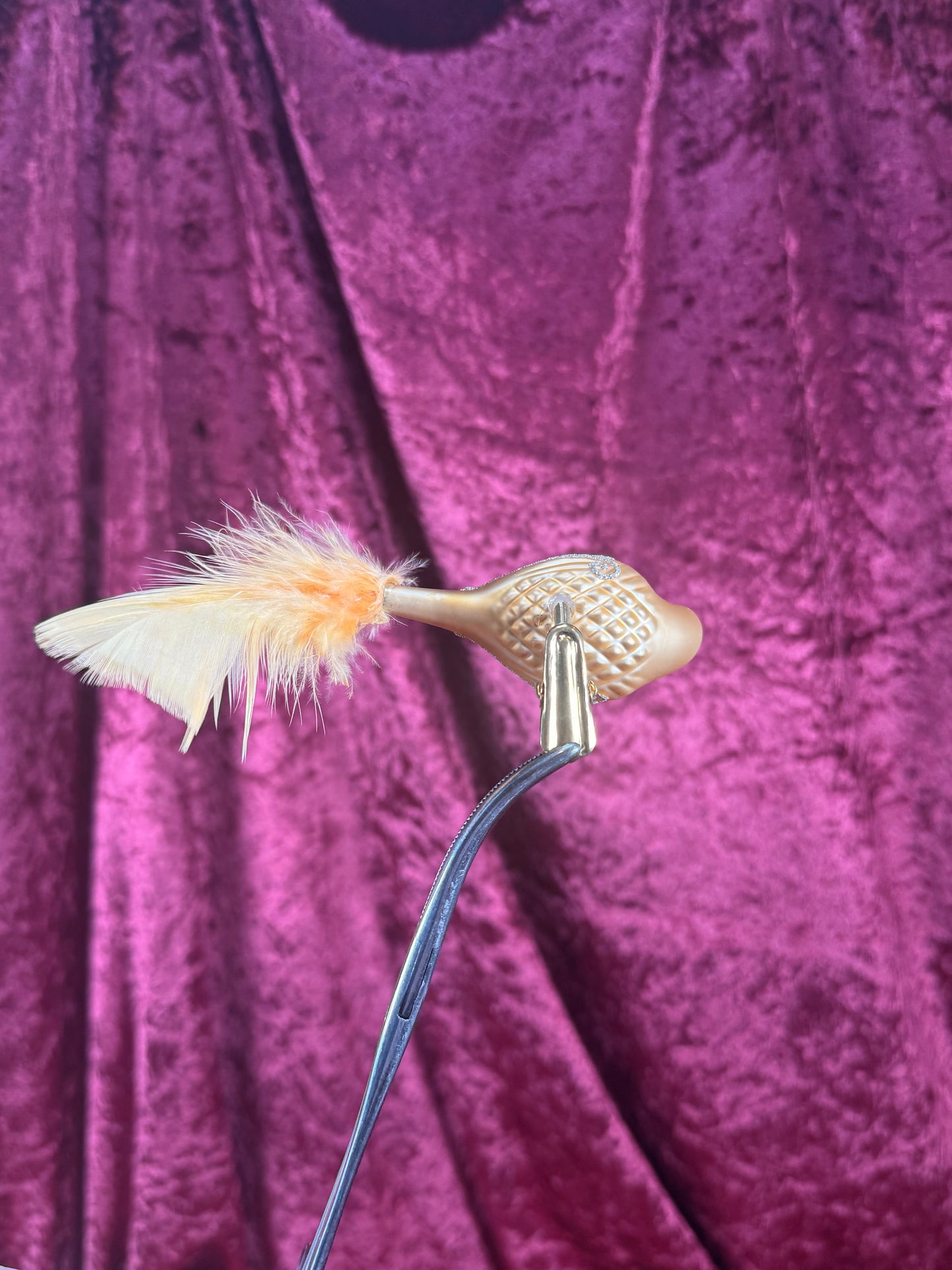 Vintage Christmas - Handblown Glass Clip On Ornament - Gold Swan with Feather Tail