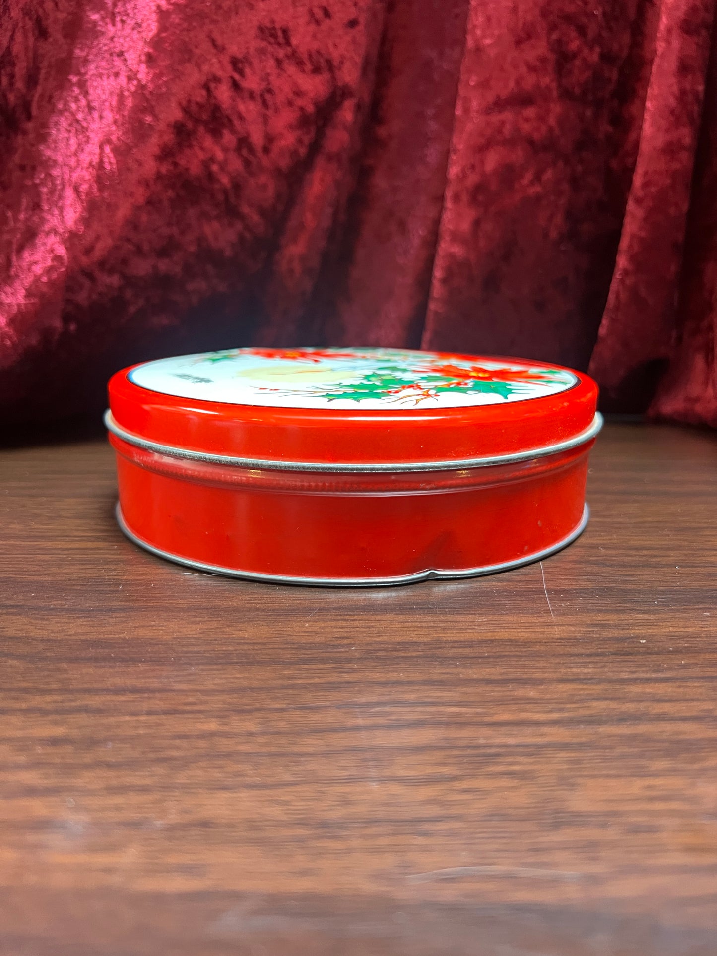 Vintage Christmas - Metal Storage Tin - Mantle Candlestick and Poinsettias