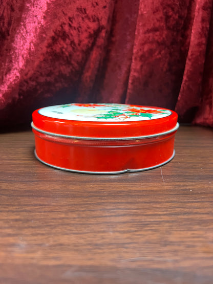 Vintage Christmas - Metal Storage Tin - Mantle Candlestick and Poinsettias