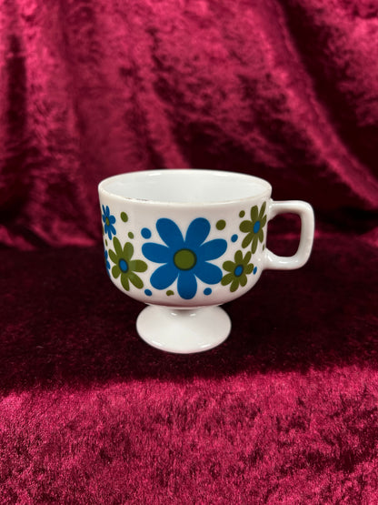 Vintage 1970s Pedestal Mug & Saucer Mismatched Set - Groovy Blue Green Daisies
