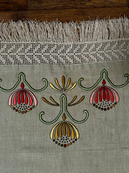 Vintage Linen Table Runner - Hand Embroidered Art Deco Florals Crochet Lace Fringe