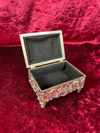 Vintage Vanity - Jewelry Box - Ornate Silver Rose Filigree - Black Velvet Lining - Footed