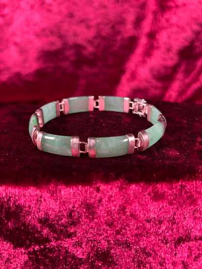 Vintage Jewelry - Link / Panel Bracelet - 925 Sterling Silver - Green Jade - 7.5"